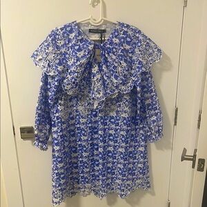 Susan Fang Blue and White Floral Print Long Bishop Sleeve Collar Dress